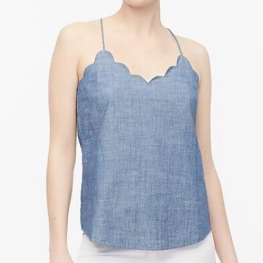 J.Crew Factory Women 2 Blue Preppy Cotton Chambray Scalloped Cami Tank Top